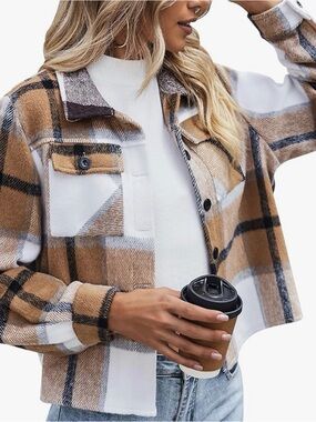 Plaid Cropped Shacket Jacket in Camel and White